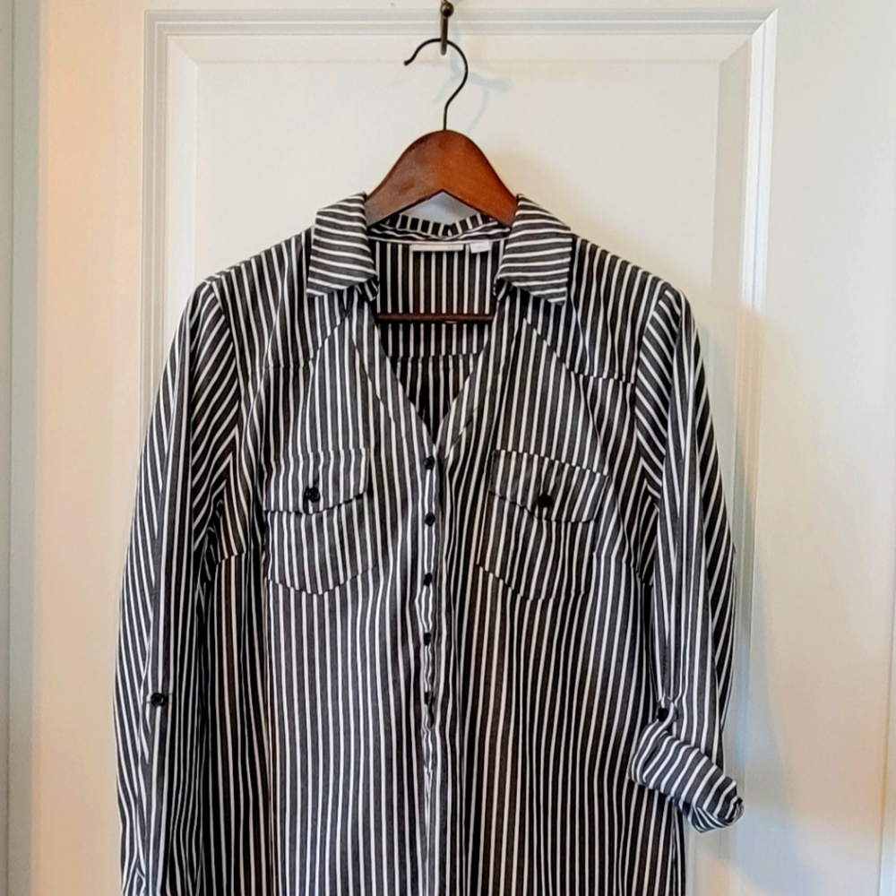 Large Dark gray & white striped shirtdress from WestPort